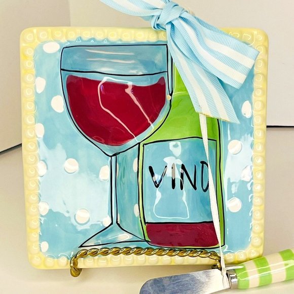 Mud Pie Vino Cheese Bowl Appetizer Dip Spread And knife Pastel With Polka Dots - Picture 3 of 9